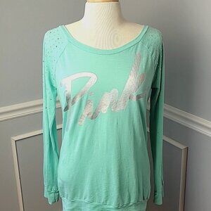 PINK VICTORIA'S SECRET Seafoam Metallic Logo Rhinestone Athleisure Lounge Top XS